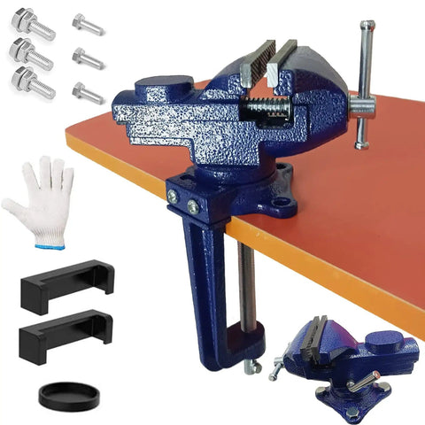 Do-It-All Bench And Table Vise With Clamp-On Mount, 360 Degree Swivel, End-Point Lock, Portable Clamp-On Vise for DIY Projects