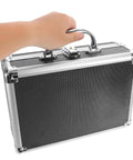 Person holding Portable Aluminum Tool Case With Handle Large Capacity Storage Box For DIY Projects And Travel Versatile Tool Organizer