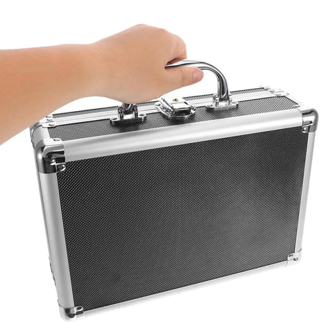Person holding Portable Aluminum Tool Case With Handle Large Capacity Storage Box For DIY Projects And Travel Versatile Tool Organizer