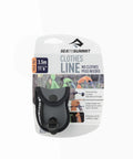 Packaging of a lightweight portable camping and travel clothesline for backpacking with hooks and tensioners, no clothespins needed.