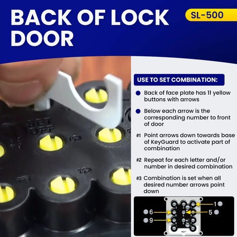 Close-up of back of Super Handy Outdoor Key Lock Box with digital push button keypad, showing setup instructions and buttons.
