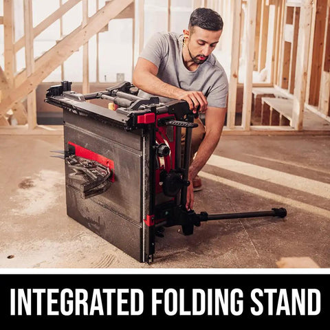 Man folding Powerful 15 Amp 10 Inch Portable Jobsite Table Saw With Folding Stand Rack And Pinion Fence Rails Micro Adjustable Blade