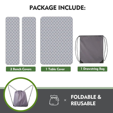 Picnic Table Cover Set With Bench Covers And Drawstring Bag Waterproof And Windproof Fitted Camping Tablecloths with elastic edges and drawstring bag displayed.