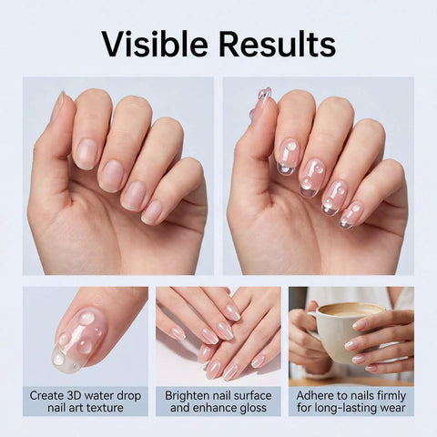 Hands with 3D Raindrop Gel Polish With Ultra Gloss Wet Look Top Coat For Lifelike Dew Drops And Embossed Nail Art, HEMA Free And Stick Free Cure shown.