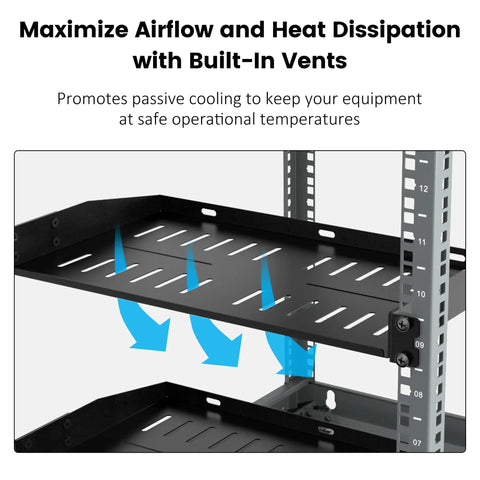 Rock Solid 1U Server Rack Shelves 2 Pack Heavy Duty 19 Inch Vented Cantilever Trays with built-in vents for airflow and cooling.