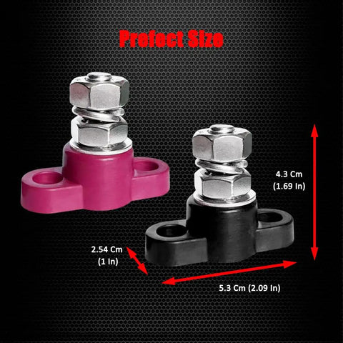 Street Ready 3/8 Inch Power Distribution Block And Bus Bar With 250 Amp M10 Single Stud For 12 Volt Systems Battery Junction Terminal Quick Hookup Red And Black, showing compact size with pink and black options.