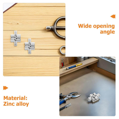 4 Pack 43mm Mini Concealed Hinge Set For Jewelry Boxes And Cabinets, Zinc Alloy Cross Folding 180 Degree Hidden Hinges on table.