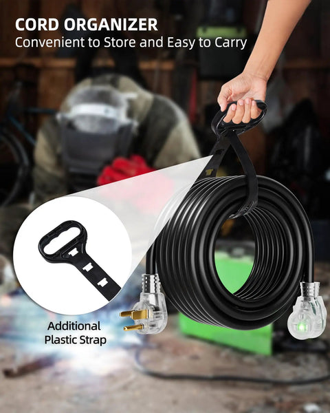 25 Feet 250V Welder Extension Cord With LED Indicator, Heavy Duty 10 AWG SJTW Outdoor Welding Cable, NEMA 6-50P To 6-50R, 30 Amp 3 Prong Power Extension for Welding Rigs, Black, coiled with cord organizer