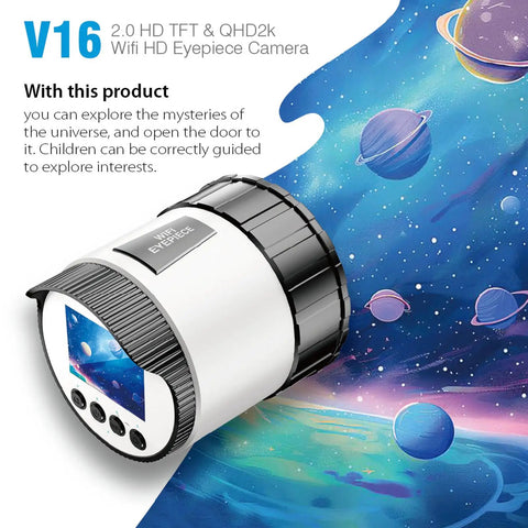 2K WiFi Telescope Camera Eyepiece With 2 Inch Screen and 2000mAh Battery next to space illustration, planets visible