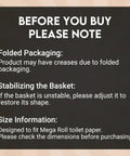 Important usage notes for the Dope Freestanding Toilet Paper Storage Stand In Natural Jute Weave including packaging info