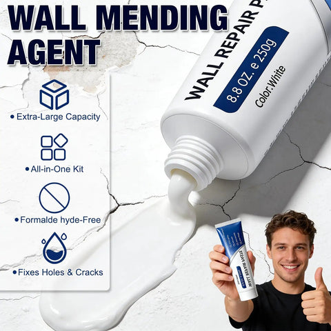 Two Piece Drywall Repair Kit With Wall Patch Paste Scraper And Sandpaper Quick Crack Filler DIY Home Fix Patch Paste Repair Kit For Plaster Walls Mending Agent For Seamless Repairs with a man holding the product tube.