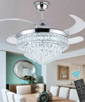 Crystal Ceiling Fan With Light 42 Inch Fandelier Retractable Blades Remote Control Six Speeds Stepless Dimmable Glam Chandelier Fan