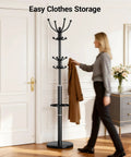 Heavy Duty Coat Rack With Marble Base And 16 Hooks Freestanding Coat Tree With Detachable Umbrella Holder in sleek black used in entryway