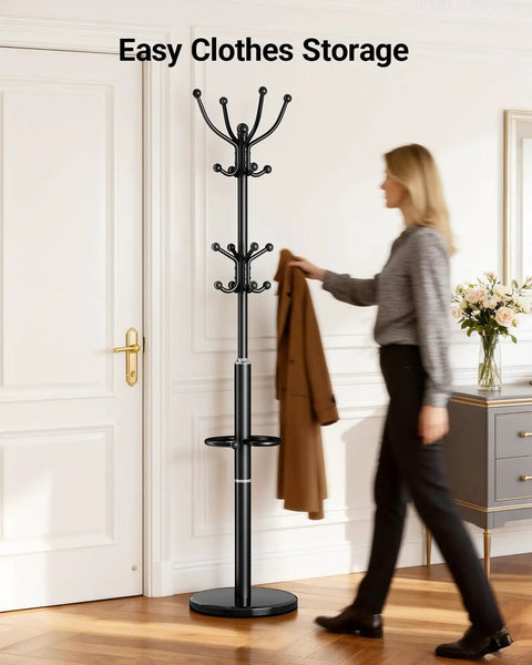 Heavy Duty Coat Rack With Marble Base And 16 Hooks Freestanding Coat Tree With Detachable Umbrella Holder in sleek black used in entryway