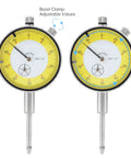 Two 0 to 1 inch dial gauge indicators with imperial scale, dirt-resistant dial face, rotatable bezel, adjustable markers.