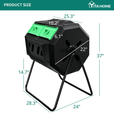 Massive Outdoor Dual Bin Composter Tumbling 43 Gallon Rotating Compost Bin With Two Sliding Doors And Aeration System on stand