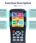 Front view of X100 RFID Reader Writer All In One Multi Frequency Copier with screen displaying function icons for access control system.