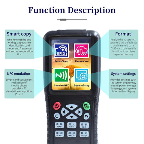 Front view of X100 RFID Reader Writer All In One Multi Frequency Copier with screen displaying function icons for access control system.