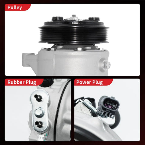 Top Shelf AC Compressor With Clutch Knocks Out Road Heat Fast And Keeps Your Rides Interior Ice Cold For Chevy Impala Buick Lacrosse Gmc Equinox V6 Or L4 Sedan Fwd Direct Fit Replacement showing six groove pulley, rubber and power plugs.