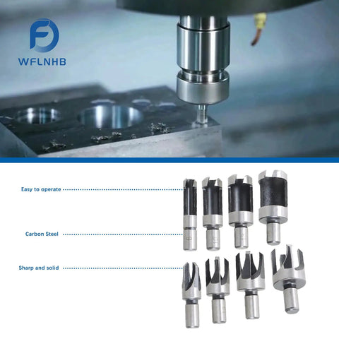 Heavy Duty Wood Plug Cutter Set With Eight Titanium Coated Drill Bits For Woodworking Projects Deep Cut Shanks Nine Point Three Millimeters straight up workhorse quality gear with carbon steel bits in use.