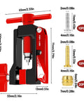 2 In 1 Bicycle Hydraulic Brake Hose Tool With Needle Driver And Hose Cutter, red aluminum tool with insert sizes listed