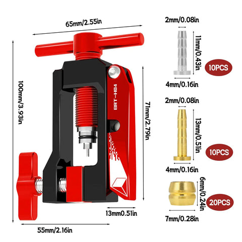 2 In 1 Bicycle Hydraulic Brake Hose Tool With Needle Driver And Hose Cutter, red aluminum tool with insert sizes listed
