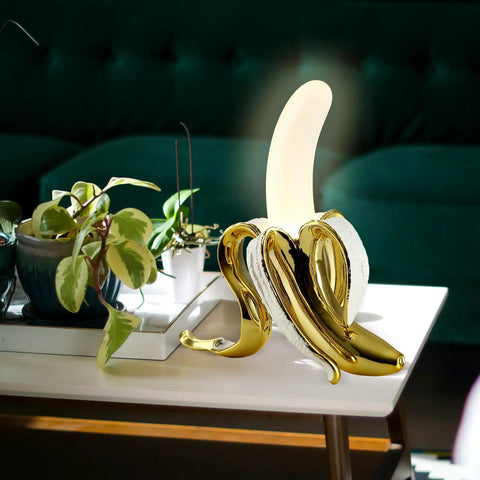 Banana Shaped Table Lamp With LED Night Light Modern Resin Banana Lighting Fixture with acrylic frosted shade on side table
