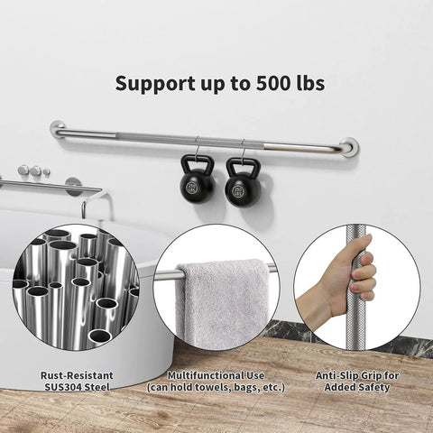 48 Inch Tough As Nails Shower Grab Bar Crafted From Heavy Duty Stainless Steel With A Knurled Anti Slip Coating To Keep Your Bathroom Handrail Rock Solid And Support Up to 500 lbs Safely, mounted with towels and weights.