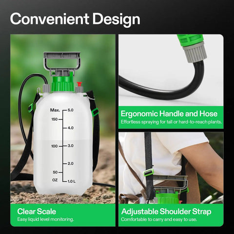 1.35 Gal 5L Pump Sprayer For Plants And Lawn Care Weeds And More Three Nozzles 50 Inch Hose with ergonomic handle and scale
