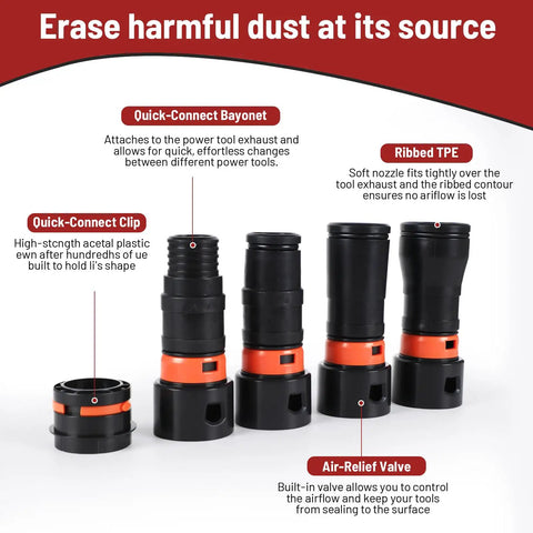 10 Foot Dust Collection Hose Kit With 6 Universal Adapters for Home and Shop Vacuums, showing black and red adapters.