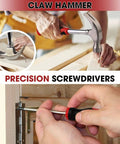Close-up of hands using claw hammer and precision screwdrivers from 68 Piece General Household Tool Set With Ergonomic Hand Tools For DIY Home And Auto Repairs In A Durable Carrying Toolbox Case Essential For Quick Fixes Solid Furniture Assembly And Everyday Maintenance.