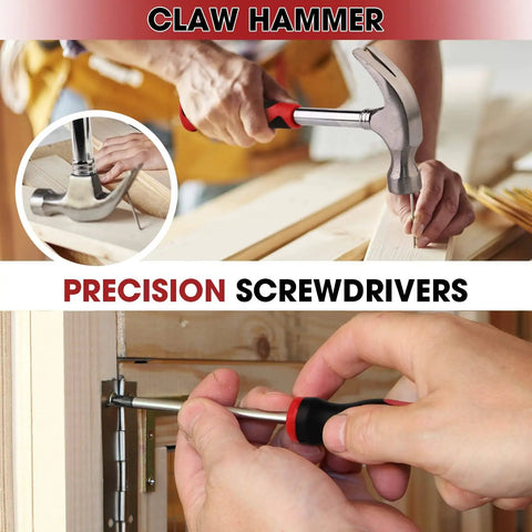 Close-up of hands using claw hammer and precision screwdrivers from 68 Piece General Household Tool Set With Ergonomic Hand Tools For DIY Home And Auto Repairs In A Durable Carrying Toolbox Case Essential For Quick Fixes Solid Furniture Assembly And Everyday Maintenance.
