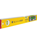 Kickass Heavy Duty Yellow Digital Spirit Level With Blazing Illuminated Readouts And Snappy Acoustic Guidance For Quick Precision Squaring IP67 Weather Sealed Body And Locked Vial Design Yielding Straight Plus Or Minus Point Five Millimeter Accuracy shown from the side.