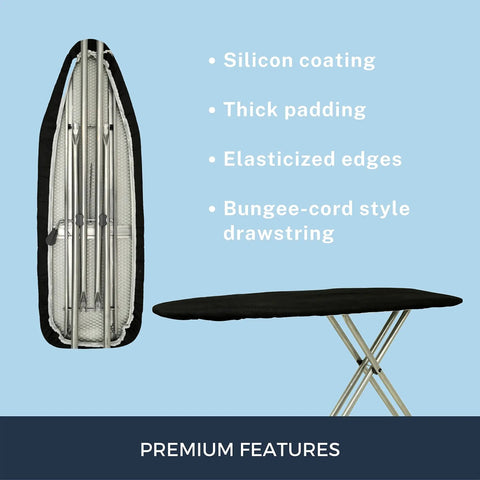 Ironing Board Cover And Pad For Standard 15 Inch By 54 Inch Heavy Duty Cotton Padding Extra Thick 4 Layer Heat Reflective And No Slip Elastic Edge Black shown folded and in use.