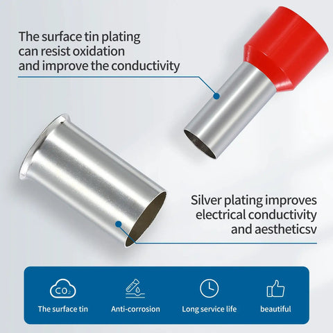 Ultimate Wire Ferrule Kit With 1000 Copper Crimp Terminals highlighting tin and silver plating for conductivity