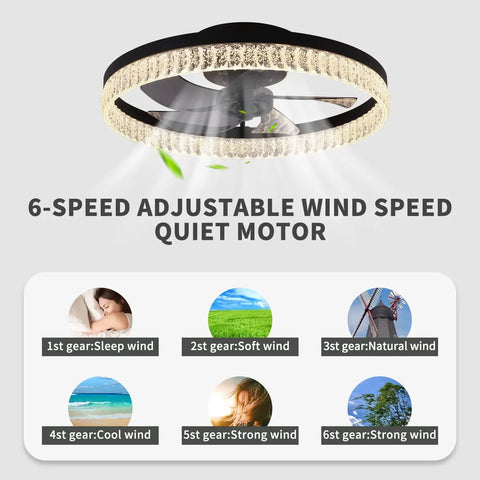 Bladeless Ceiling Fan With Lights Remote Control, 6-speed options, dimmable LED, black semi flush mount design
