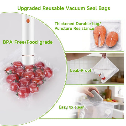 Reusable BPA Free Vacuum Sealer Bags For Food, 30 Count, shown with tomatoes and salmon for meal prep