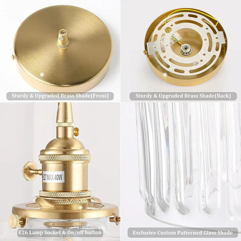 Close-up details of 2 Pack Vintage Pendant Lights With Clear Striped Glass Shades And Slick Brass Finish Adjustable Hanging Fixtures.