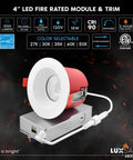 4 Inch LED fire rated module & trim fixture with selectable color options and dimmable features, ideal for recessed lighting.