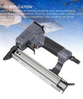 Boss Level Pneumatic Brad Nailer And Heavy Duty Air Nail Gun For Fast Framing And Slick Woodworking Builds That Run Like Gangbusters And Finish Top Notch, close-up view of the tool.