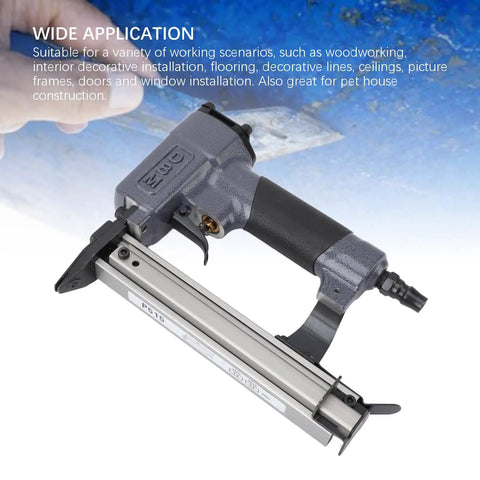 Boss Level Pneumatic Brad Nailer And Heavy Duty Air Nail Gun For Fast Framing And Slick Woodworking Builds That Run Like Gangbusters And Finish Top Notch, close-up view of the tool.