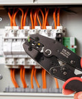 Killer Ratcheting Wire Crimper For 22-10 AWG Terminals in use on electrical connections with orange wires.