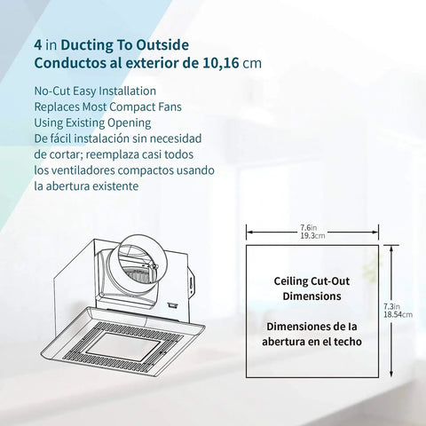 Diagram of Ultra Quiet Bathroom Vent Fan With LED Light 80 CFM 2.0 Sones No Attic Access Installation dimensions