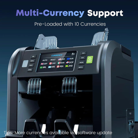 Pro Money Counter Machine With Built In Receipt Printer For Mixed Denomination And Multi Currency, 2 Pocket Sorter
