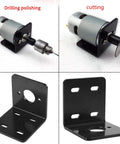 Black metal L-shaped DC motor mounting bracket for 12V/24V Micro 775 motors; front and side views with mounting holes.