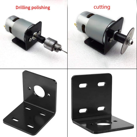 Black metal L-shaped DC motor mounting bracket for 12V/24V Micro 775 motors; front and side views with mounting holes.