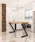 Pair Of Heavy Duty Metal Table Legs For DIY Projects, Industrial Z Shape Frame With No Sweat Adjustable Feet, rock solid sturdy base supporting a wooden table.