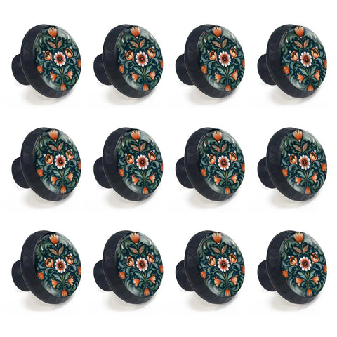 12 Pack Norwegian Rosemaling Folk Style Green Flower Cabinet Knobs, Round Drawer Pulls, Black Dresser Knob Cupboard Door Handles