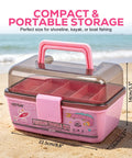 All In One Trout Fishing Tackle Kit With Pink Box on beach showing size dimensions, compact tackle storage