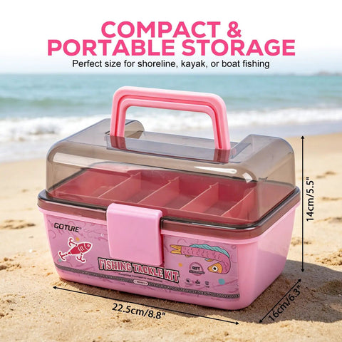 All In One Trout Fishing Tackle Kit With Pink Box on beach showing size dimensions, compact tackle storage